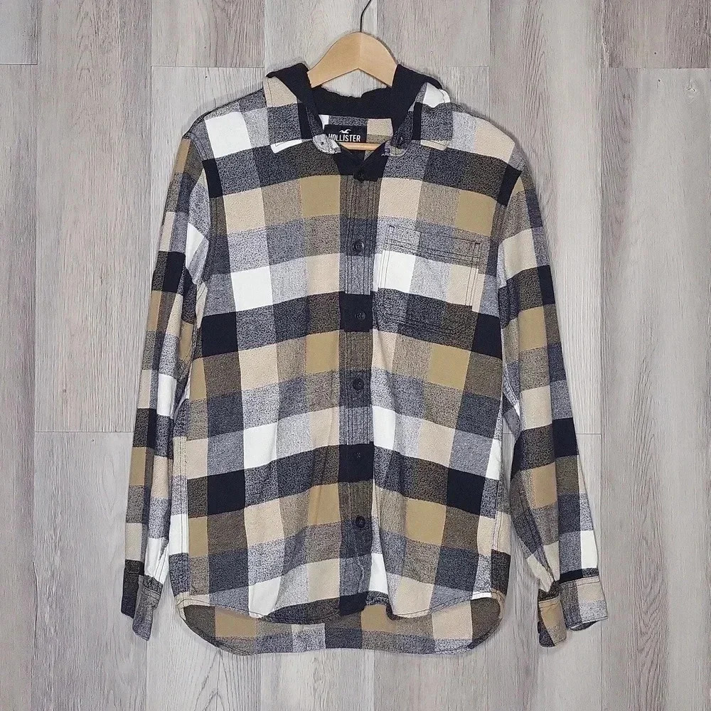 Hollister Hooded Flannel Tan Black White Plaid Button Down Mens Size Medium‎
